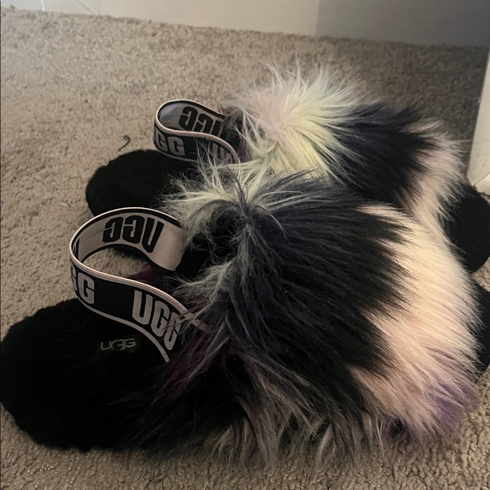 UGG Black and Multicolor Faux Fur Slide Sandals